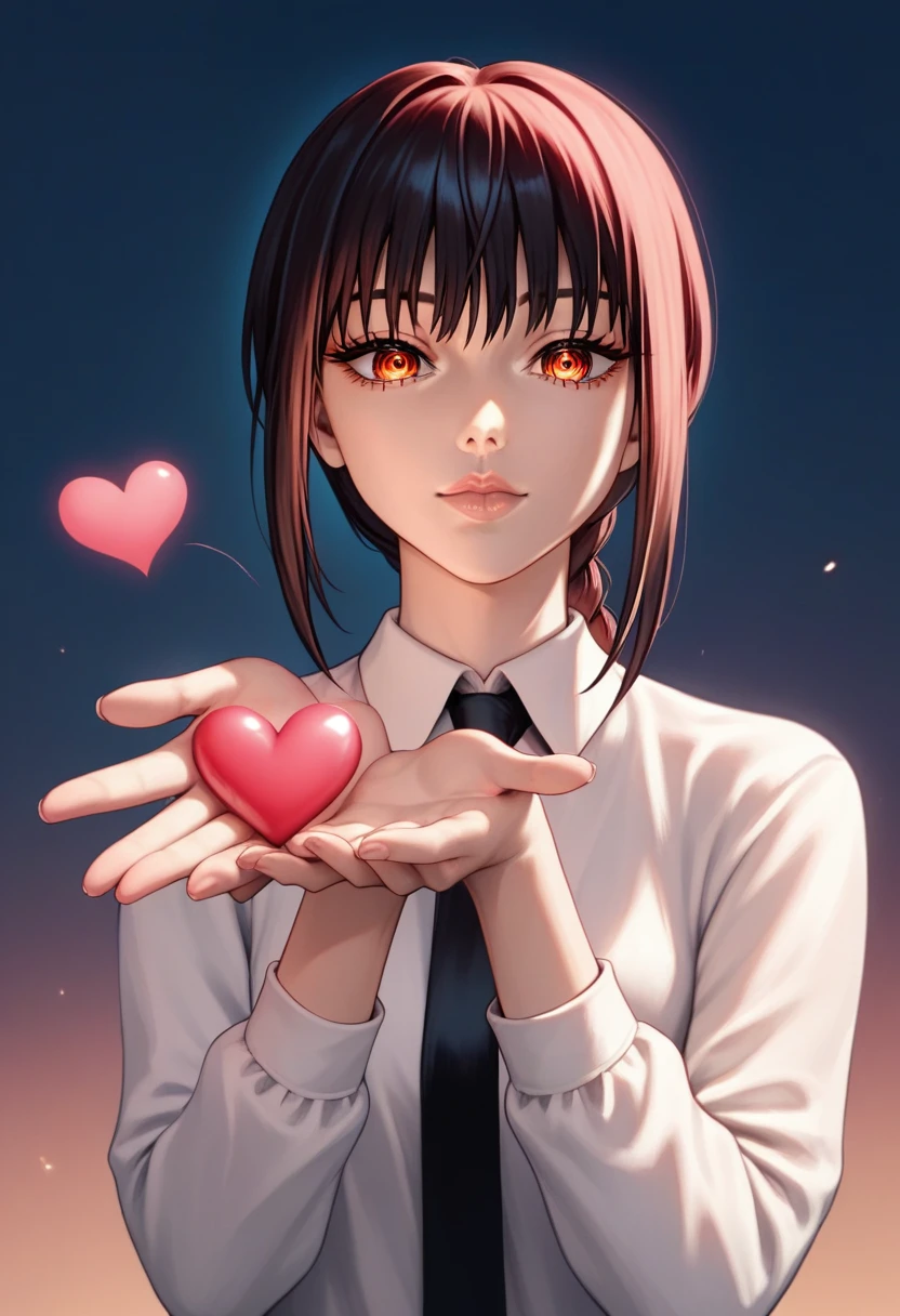 (junkotvvxl), score_9, score_8_up, score_7_up, score_6_up, score_5_up, score_4_up, source_anime, rating_safe, 1girl, solo, makima \(chainsaw man\), detailed red eyes, black hair, (blowing kiss, heart), better hands, perfect hands, detailed fingers, covered body: 1.1, joy expression, :o, lips together, closed mouth, cute expression, low lighting, cinematic lighting, night, sunset, (simple background)