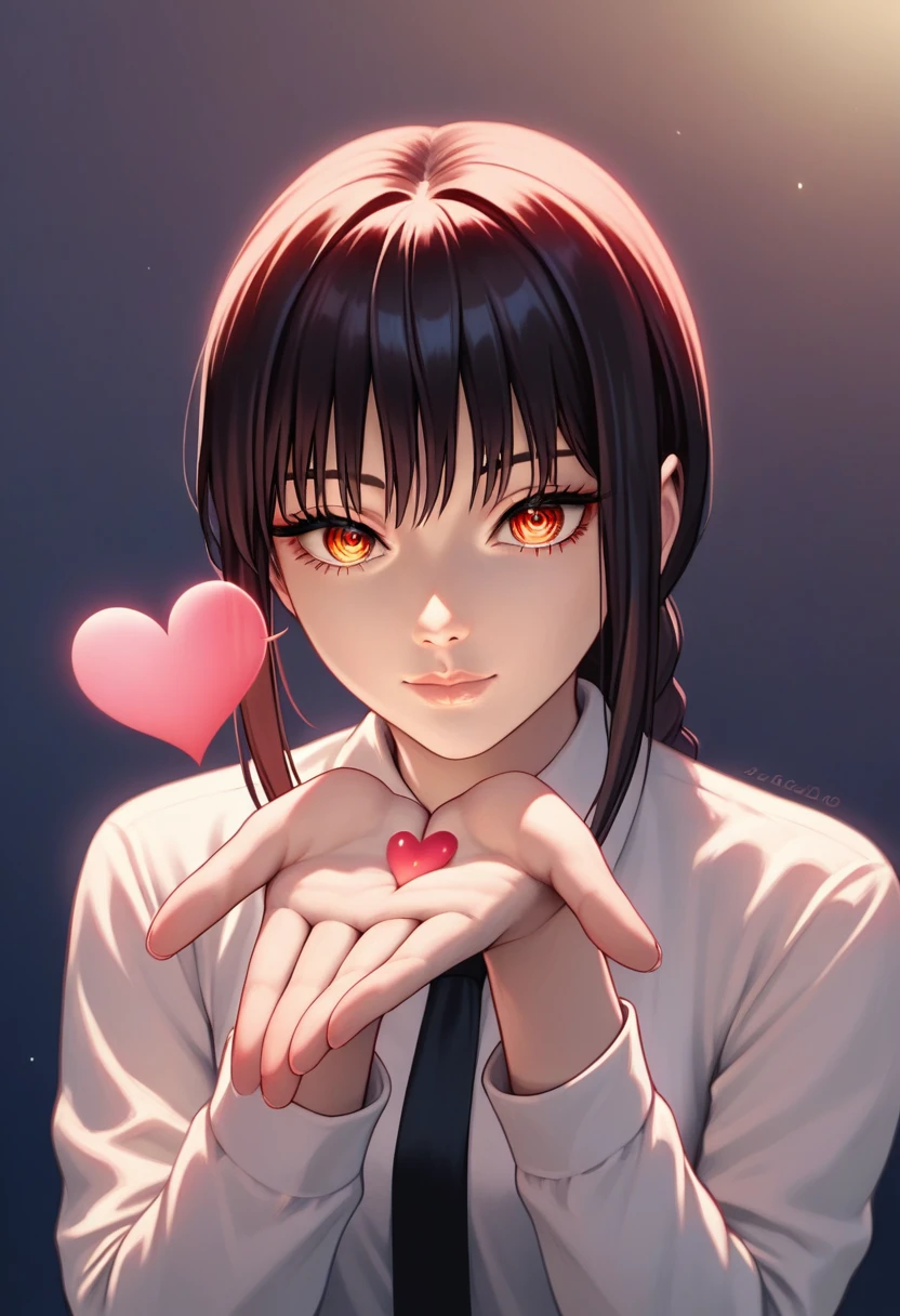 (junkotvvxl), score_9, score_8_up, score_7_up, score_6_up, score_5_up, score_4_up, source_anime, rating_safe, 1girl, solo, makima \(chainsaw man\), detailed red eyes, black hair, (blowing kiss, heart), better hands, perfect hands, detailed fingers, covered body: 1.1, joy expression, :o, lips together, closed mouth, cute expression, low lighting, cinematic lighting, night, sunset, (simple background)