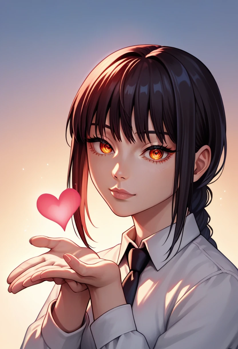 (junkotvvxl), score_9, score_8_up, score_7_up, score_6_up, score_5_up, score_4_up, source_anime, rating_safe, 1girl, solo, makima \(chainsaw man\), detailed red eyes, black hair, (blowing kiss, heart), better hands, perfect hands, detailed fingers, covered body: 1.1, joy expression, :o, lips together, closed mouth, cute expression, low lighting, cinematic lighting, night, sunset, (simple background)