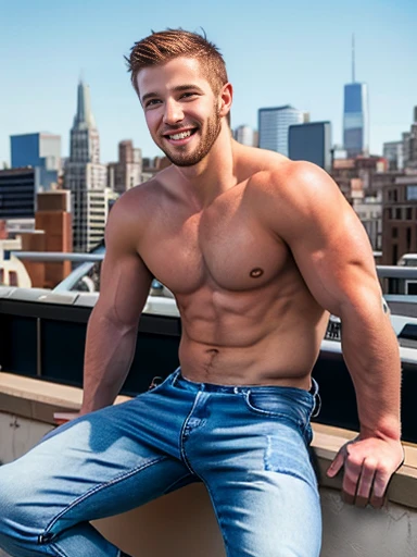 1man, 25 years old, twunk, brown hair, short messy cut, beard, blue eyes, shirtless, ripped jeans, sitting on the ledge of a building roof, city rooftops in background, smiling, looking at viewer