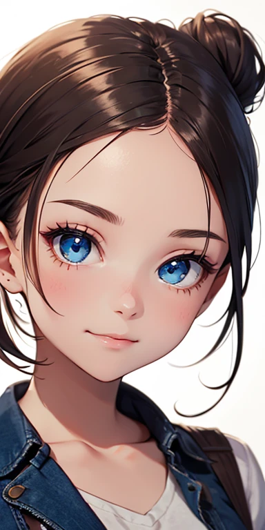 beautiful, Detailed portrait of a young girl with dark hair, Hair tied in a high ponytail or ballerina bun, No bangs, No hair on the forehead,With blue eyes and an innocent expression, she looks straight at the viewer., Cute Smile, Front view, close