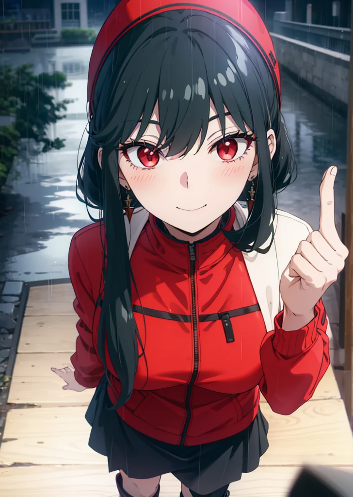 Yorbraia, Yor Briar, Black Hair, (Red eyes:1.5), Earrings, Baseball hats, Long Hair, Side Lock, (Medium chest:1.2),happy smile, smile, Open your mouth,blush,Oversized black hoodie,Long skirt,short boots,,Walking,rain,noon,cloudy,whole bodyがイラストに入るように,
break outdoors,Alley,
break looking at viewer, whole body,
break (masterpiece:1.2), Highest quality, High resolution, unity 8k wallpaper, (figure:0.8), (Beautiful attention to detail:1.6), Highly detailed face, Perfect lighting, Highly detailed CG, (Perfect hands, Perfect Anatomy),