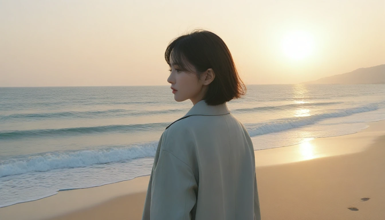 8K, Vivid picture quality, The picture quality is vivid, Realistic and perfect picture quality, long deserted beach, sunset 뷰어, short hair that touches the shoulders and covers the neck, sunset의 붉은 빛, sunset, alone, afternoon, depressed, tide가 밀려온다, ocean, tide, wind, short korean girl, thick t shirt, trench coat, 잔잔한 tide