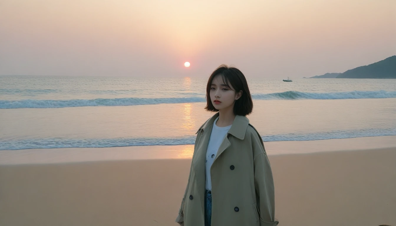 8K, Vivid picture quality, The picture quality is vivid, Realistic and perfect picture quality, long deserted beach, sunset 뷰어, short hair that touches the shoulders and covers the neck, sunset의 붉은 빛, sunset, alone, afternoon, depressed, tide가 밀려온다, ocean, tide, wind, short korean girl, thick t shirt, trench coat, 잔잔한 tide