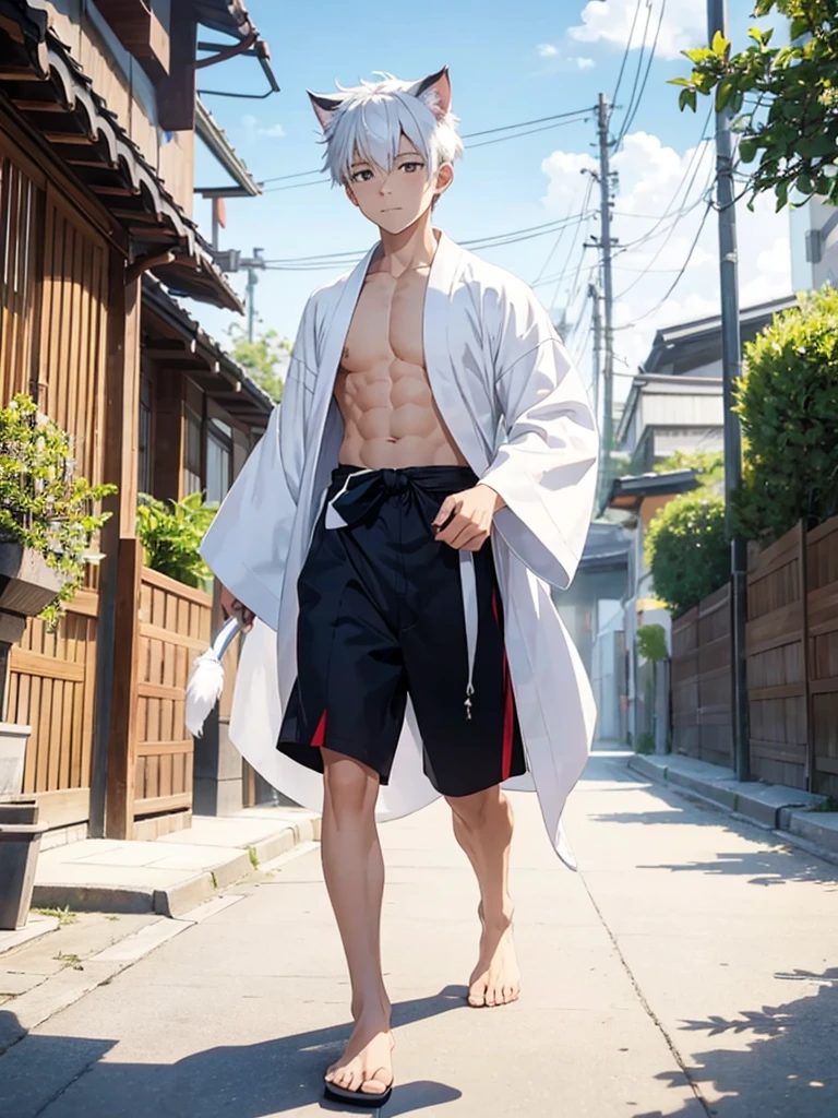 16 year old boy with blonde hair wolf tail and ears walking with a yukata open on his chest