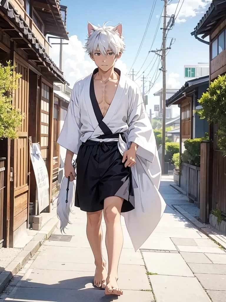 boy with white fur cat tail and ears walking with an open yukata on his muscular chest