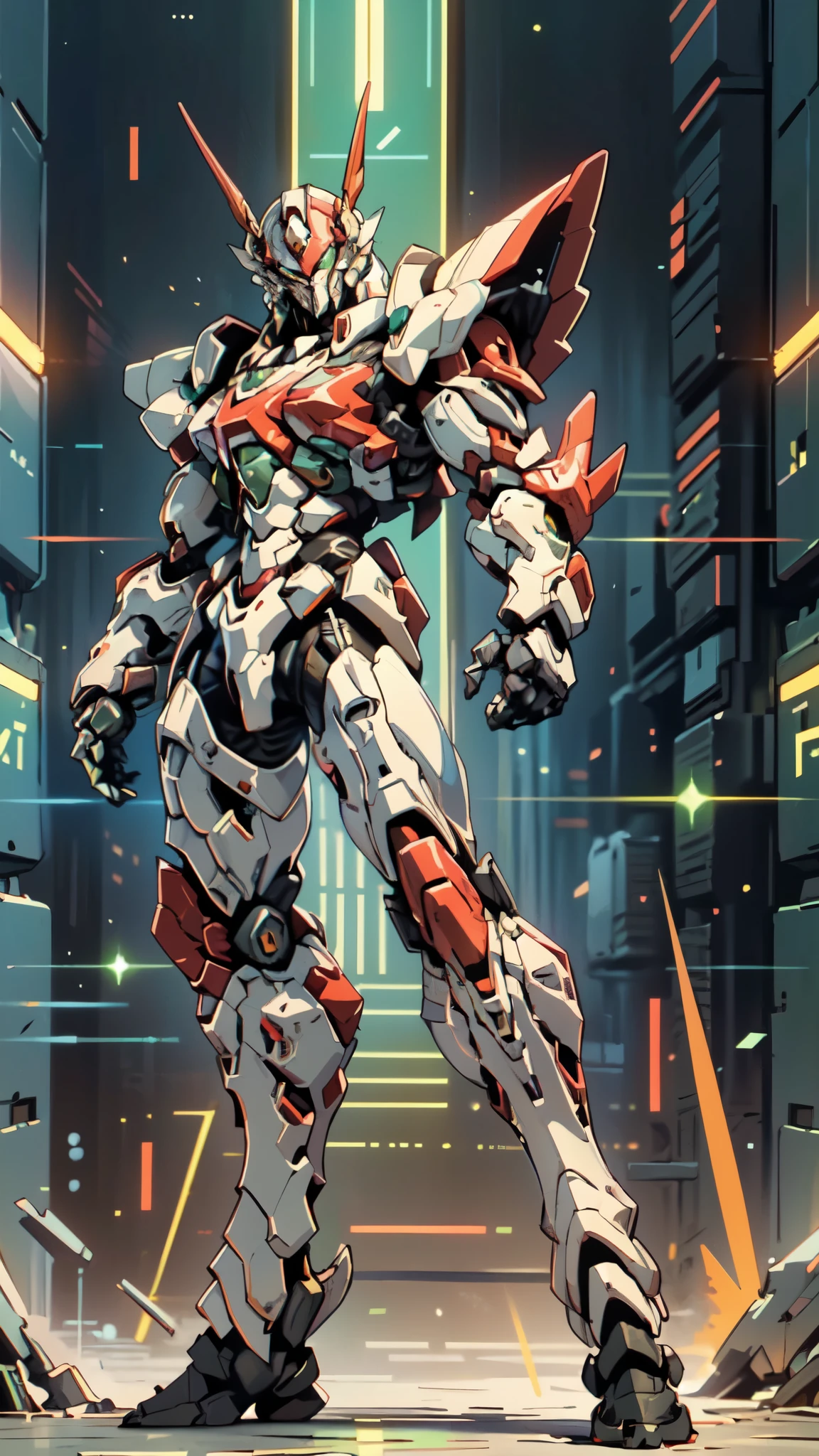 (masterpiece:1.5, best quality:1.5, extremely delicate:1.5, foreshortening:1.5, dynamic angle:1.5), a man wearing a full-face helmet, a fantasy-style biotech armored combat suit, green eyes, (a composite layered chest armor), fully enclosed shoulder guards, matching arm and leg guards, belt of Neon circuit, (the color scheme is primarily white with red green accents), the design balances heavy with agility, a high-tech bio-mecha armor, (Armor Concept Inspired by neon Cyberpunk, stand on the top of a skyscraper in a futuristic sci-fi city), this character embodies a finely crafted fantasy-surreal style armored hero in anime style, exquisite and mature manga art style, (element, plasma, energy, the armor glows), ((male:1.5)), metallic, high definition, highres, ultra-detailed, ultra-fine painting, professional, perfect body proportions, golden ratio, anatomically correct, symmetrical face, extremely detailed eyes and face, high quality eyes, creativity, RAW photo, UHD, 32k, Natural light, cinematic lighting, masterpiece-anatomy-perfect