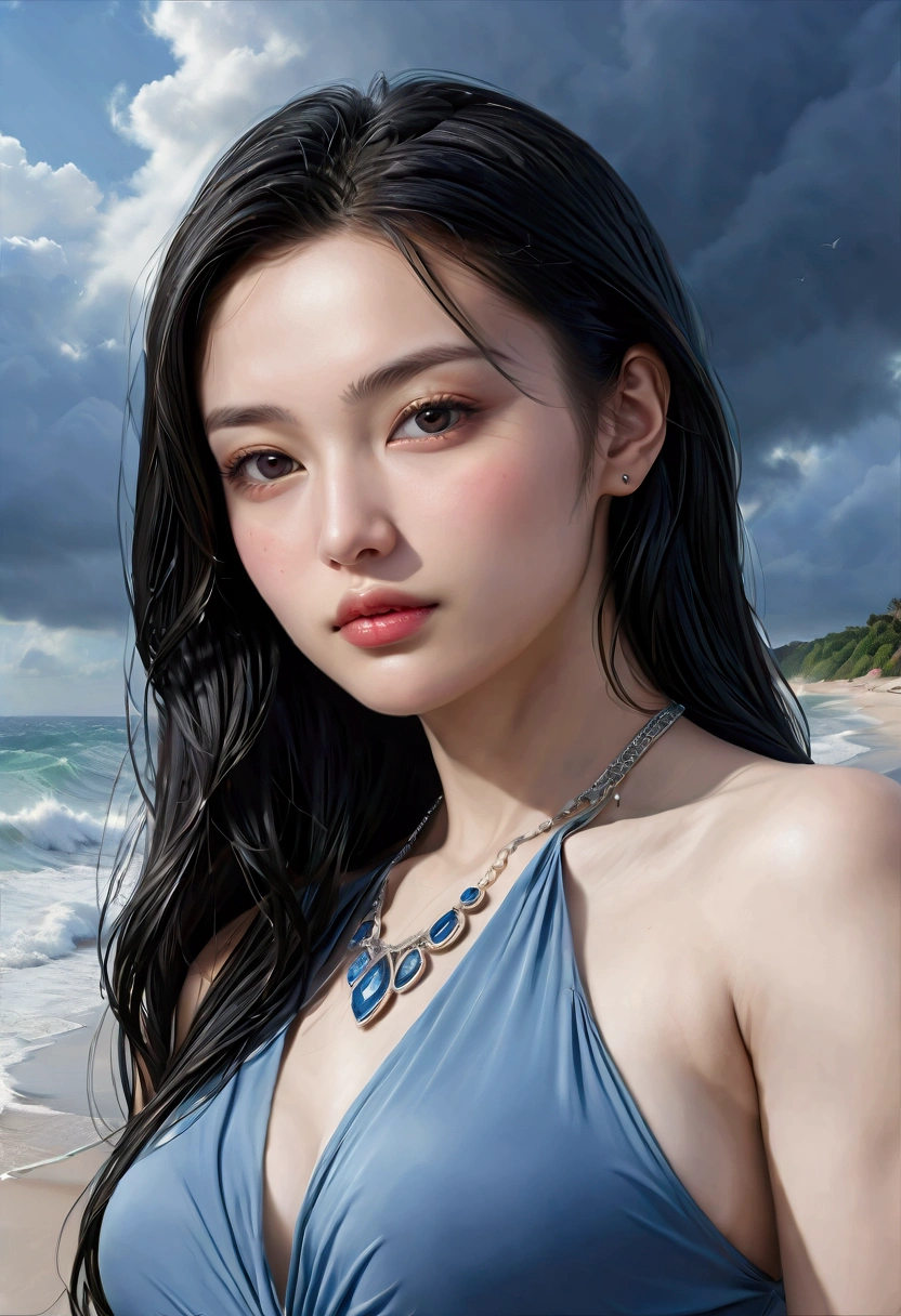 ((Masterpieces with up to 16K resolution:1.6)),Highest quality,it is really amazing,Very detailed,Ultra-high resolution,(Real:1.5),(Realistic:1.5),Increased depth of field,Cinematic Light,
Elegant mature woman,
Long black hair,(Exquisitely detailed face:1.5),Face with a gentle expression,Translucent white skin,Very sensitive skin,Great proportions,Anatomically correct body,
Elegant high leg swimsuit,Artistic design,Beautiful and detailed pattern,Detailed fabric texture,Gorgeous necklace,
Coastal landscape at dusk,Dark clouds and dark sky,delay々Continuing sandy beach, Deserted Beach,Dark sea surface,
(Dramatic Angle:1.6),