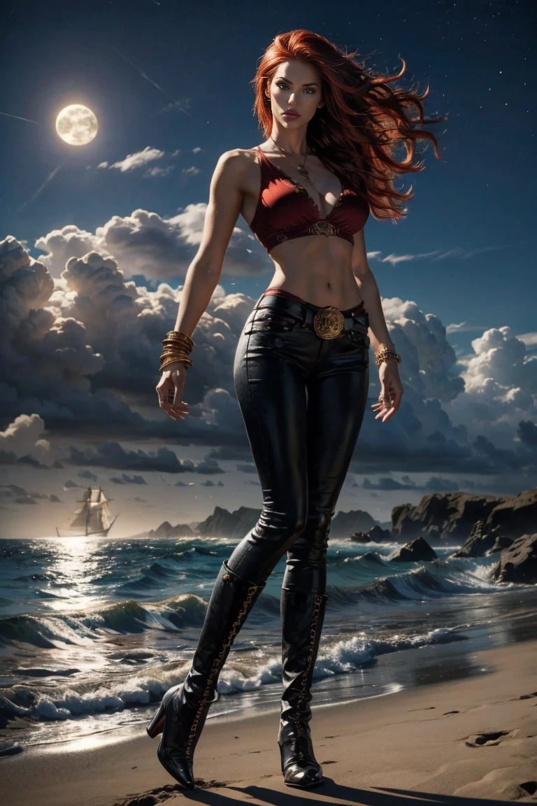 full body A woman with red hair and emerald eyes large breast thin waist, long shapely thighs, muscular athletic body. She has an hourglass shape and poses dramatically. He wears a flowing white pirate shirt that sits low on his shoulders. His pants are leather and tight, with a seam on the side of the leg. He wears tall leather pirate boots. Her jewelry is gypsy style. he stands on the beach in the moonlight, fog, smoke, a dramatic scene
