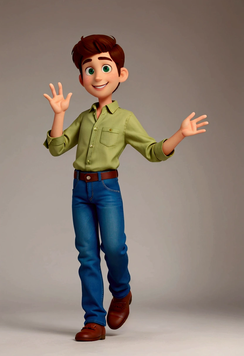 cute young man brown hair and eyes, large smile, green button-down shirt, jeans and brown ankle boots, high quality, detailed, photographic medium shot, arms crossed with attitude happy, white background, pixar style