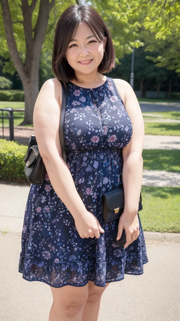 A beautiful and hot almost chubby mature woman.who is wearing a patterned short dress and is and standing in the park. A smiling face