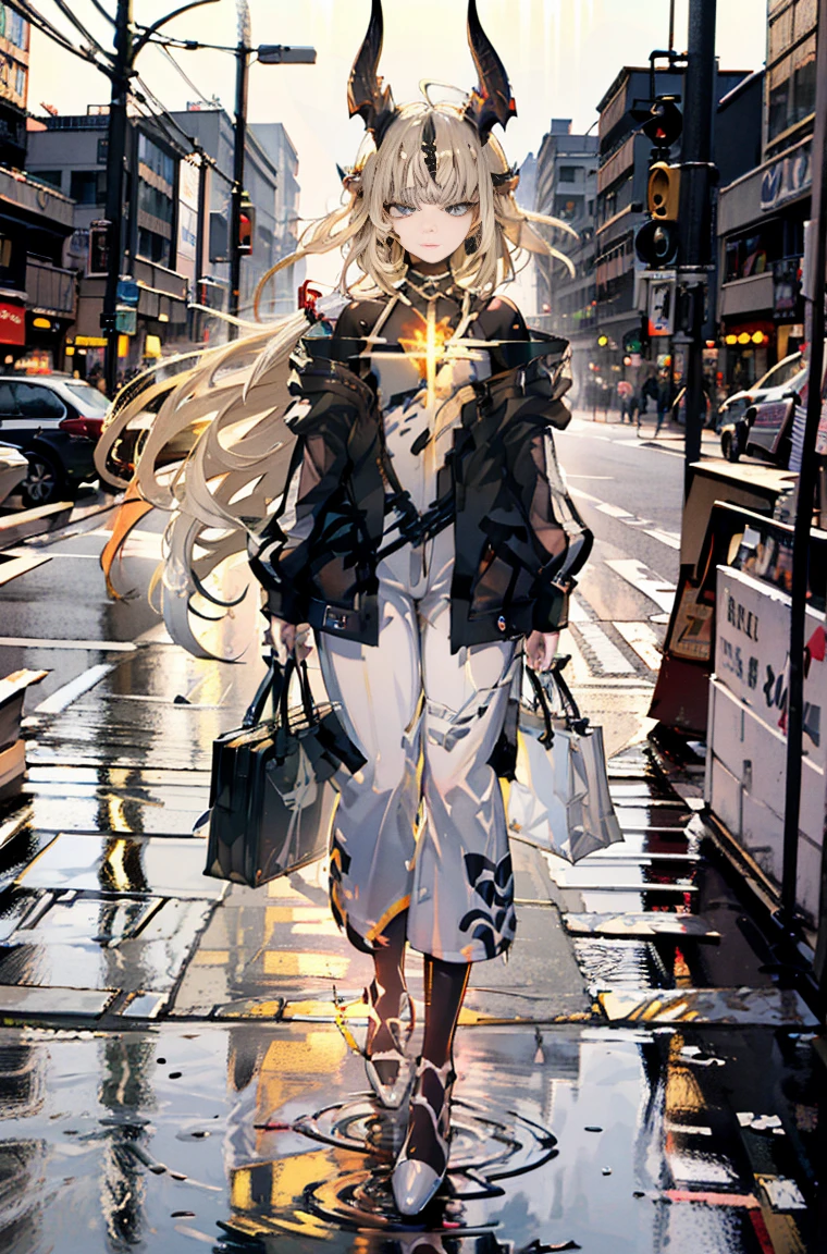 A masterpiece，flameshadow，laid back，shop，best quality, Illustration style，Large aperture portrait， Anime Girl, beautiful eyes, summer, Wide leg pants, small, Heartwarming, Youthful and beautiful,,Regular Clothes，Black and white,, showing a natural casual style. Dynamic posture contains the golden ratio, China, White space, Strong contrast between light and shadow, Super texture, Super clear and concise pictures, presenting extremely beautiful, Elegant temperament, subtle facial expressions, City background, rain, Road area water reflection，one person