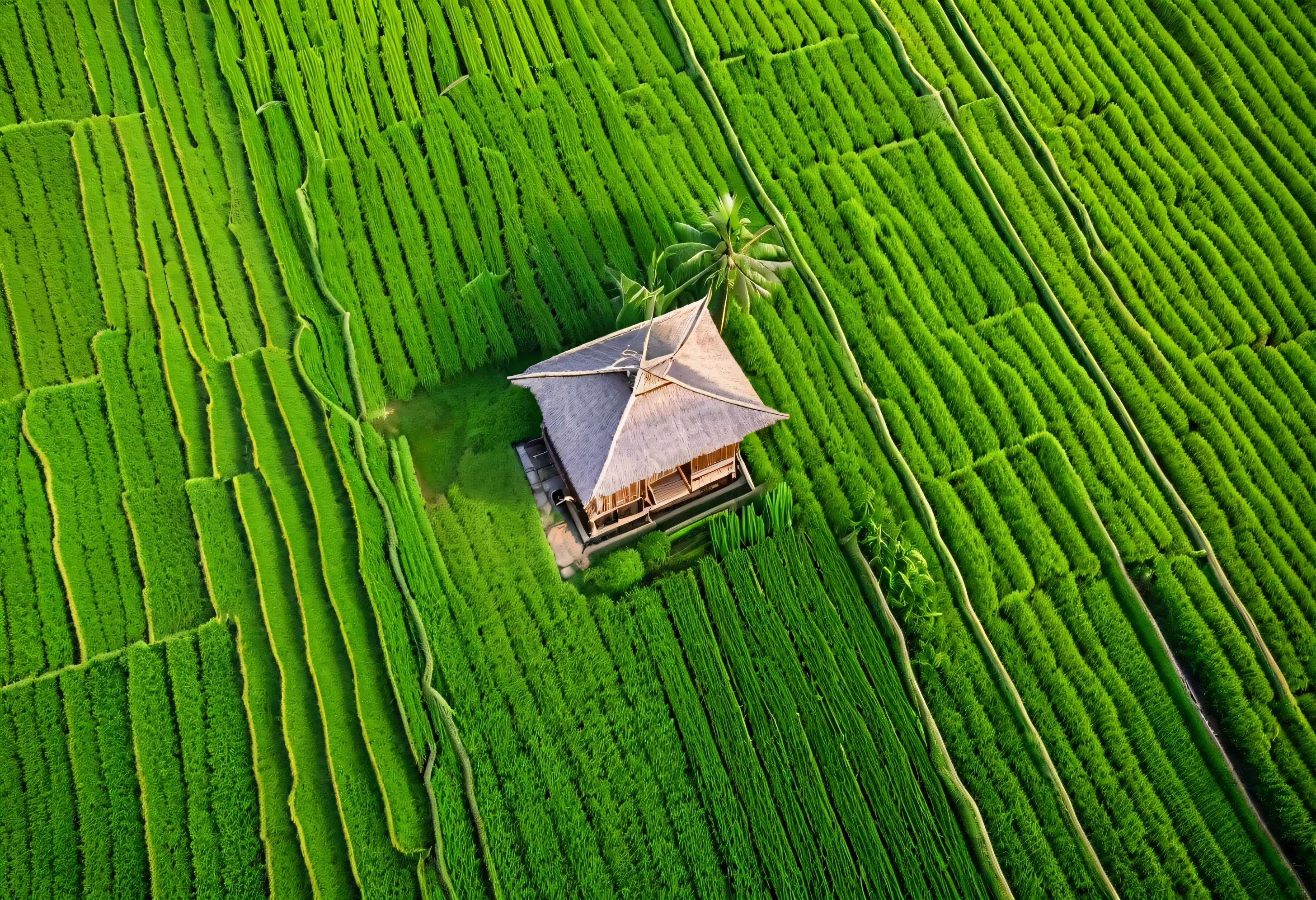 Generate a highly detailed and realistic drone view photo of a bamboo hut situated in the middle of a lush green rice field. The bamboo hut should have a thatched roof and an open structure, showcasing its rustic charm. The surrounding rice paddies are vibrant and well-maintained, with narrow pathways and irrigation channels visible. The scene is bathed in natural daylight, with soft shadows cast by the sunlight. The perspective from above provides a breathtaking view of the expansive fields, highlighting the patterns and textures of the rice plants. A few palm trees or other tropical vegetation may be scattered around the area, adding to the picturesque rural setting. This photo should capture the serene beauty and simplicity of the countryside, emphasizing the harmony between the man-made hut and the natural environment.
