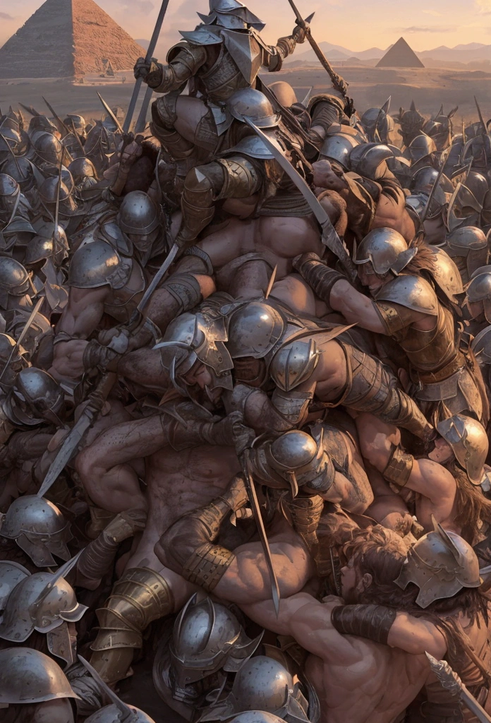 Master Piece, best quality, (extremely detailed CG unity 8k wallpaper), (best quality) 8k detail. A pyramid pile of 300 unconscious male barbarian soldiers defeated in battle. The 300 unconscious barbarian soldiers are piled up on top of each other, one by one. They are clad in armor and helmets. spikes stick out of the pile of bodies. spears with small pennant flags stick out of the pile of bodies. swords, helmets, arms, legs and heads stick out of the pile randomly. The pile is 30 feet high. NO man is naked. The pile is not uniformly even, the bodies are placed in random poses.