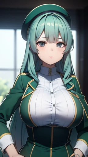 a masterpiece photo of 2 beautiful plump green-haired girls with long curly hair, cyan haired girls, different hair colors, matching hairstyles, hazel eyes, big And round bust, matching uniforms, serious, flat color, same height, organized pose, matching beret, best quality, 4k, 8k, highres, masterpiece:1.2, ultra-detailed, realistic, photorealistic, photo-realistic:1.37, HDR, UHD, studio lighting, ultra-fine painting, sharp focus, physically-based rendering, extreme detail description, professional, vivid colors, bokeh