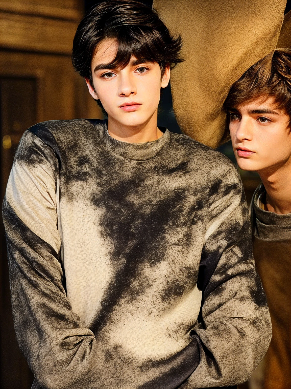 A cute, beautiful male twink with black hair and a face with makeup. He is wearing a white long-sleeved shirt and brown pants. He is in the Historical Antiquities Museum and looks in amazement.