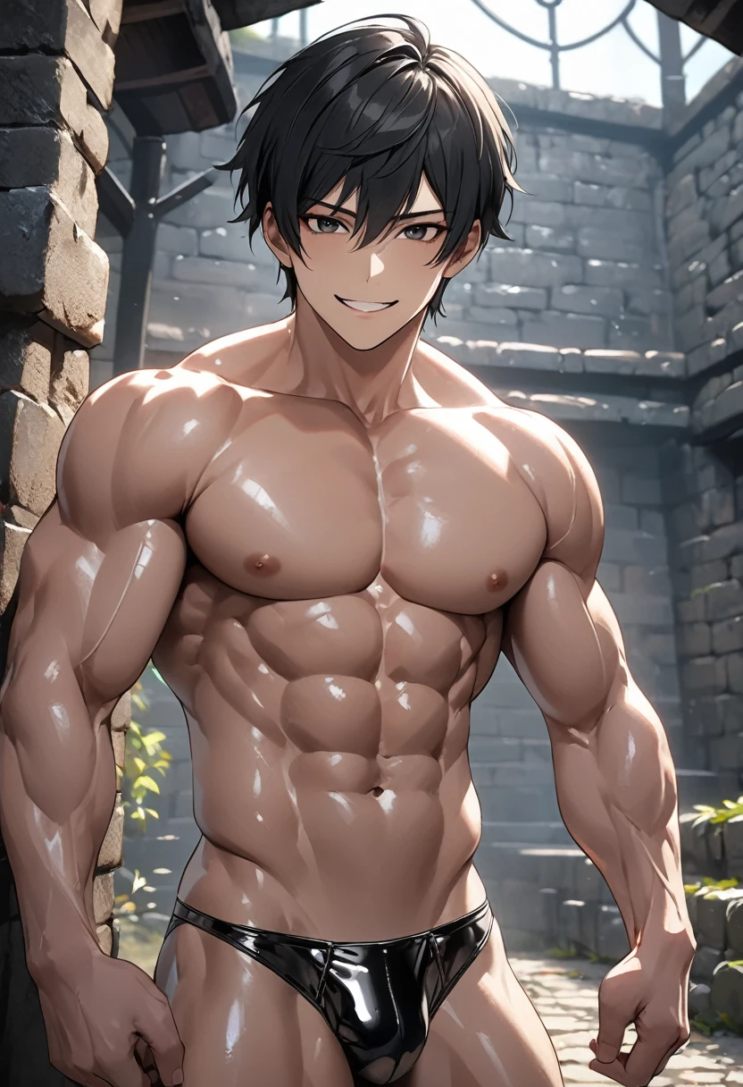 high quality, detailed, (22 years old japanese idol wrestler boy), (detailed black eyes), (black short hair), (muscle:1.5), (shiny skin:1.3), black tiny thong, bulge,(detailed nipples), yard, dungeon, (best quality,4k,8k,highres,masterpiece:1.2), smirk, (face close up:0.7),