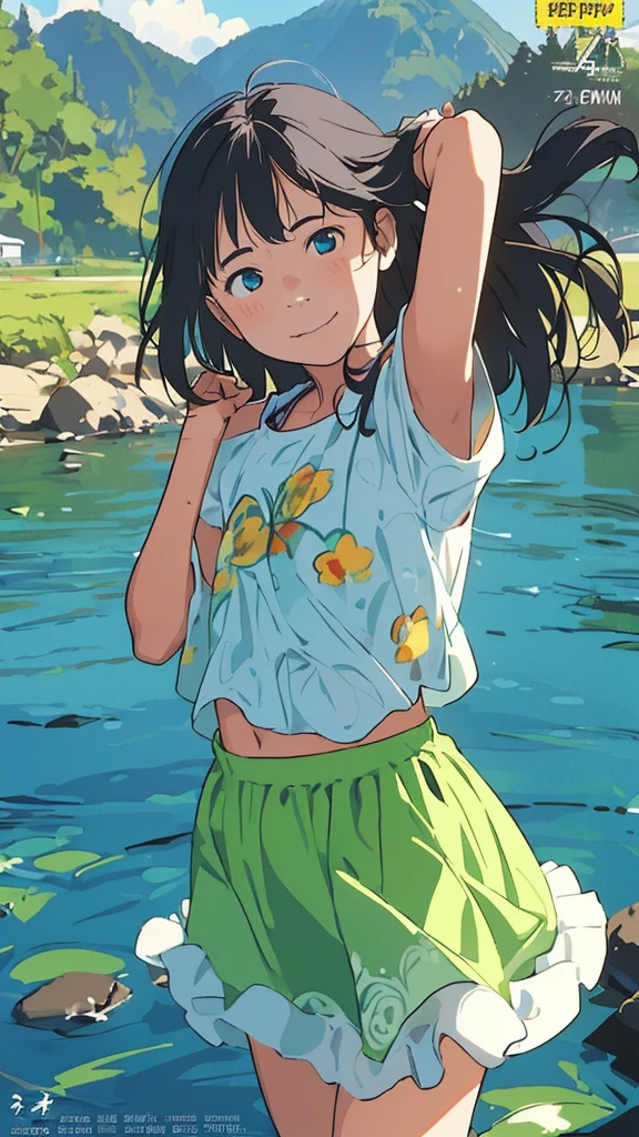 reasonable design, Clear lines, High Sharpness, (highest quality,8K,Perfect sharpness,Ultra fine,High resolution,masterpiece:1.2), Perfect Anatomy:1.5, Official Art, Illustrations that tell a story, (Whitish background:0. 9)、Body Positivity、More Mr.Physical expression、(Random and mischievous poses)、Perfect beauty、Perfect beautiful face、Strong winds、A rich expression、Dynamic composition、smile、Golden ratio composition、colorful、(Mr.Different angles and perspectives)、anime art、mini skirt、(Overcoming stereotypes)、 Glowing Skin、(Natural beauty)、smile、bangs、Straight Hair、(Soft and flowing hair)、(Rural Scenery)、(Nostalgic atmosphere)、Insert up to the thighs、(Playful and carefree)、(More Mr.Ethnic characters)、(innocent attitude)、(Sunny atmosphere)、Skirt flipped up、(Bright colors)、Belly button exposed、Beautiful Eyes、A skirt fluttering in the wind、Put it in to your feet、Some composition patterns、sensuous、Geometric pattern、emotional、Symposium cover、アングル、