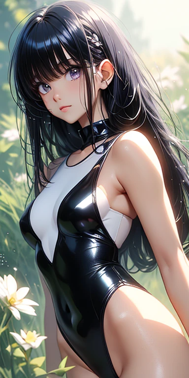 cute、Black Hair:1.5、Braided long hair、Perfect beauty、universe space、Shining white-purple aura、white latex super leotard、glowing leotard、space of silence、Anime Style、Highest quality、Ultra-detailed、Masseter muscle area:1.3、8k、
