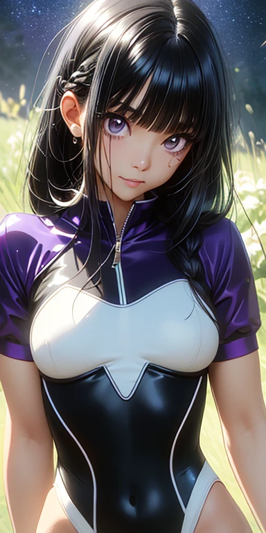 cute、Black Hair:1.5、Braided long hair、Perfect beauty、universe space、Shining white-purple aura、white latex super leotard、glowing leotard、space of silence、Anime Style、Highest quality、Ultra-detailed、Masseter muscle area:1.3、８ｋ、
