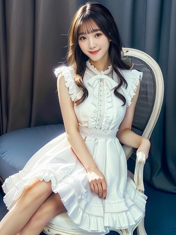 Photo-realistic quality、She is wearing a white dress and black shoes and is sitting on a chair２０Japan Idol of the Year Old, Rococo frill dress, glamorous ruffled dresses, ( Ivory Black ), race dress, Beautiful Japanese fashion model, Wearing frilly clothes ((race)), romantic dress, in race brown dress, detailed race dress, raced dress, Elegant Dresses, looking at the camera、Detailed and beautiful eyes、Cute smile、A clean and relaxed look