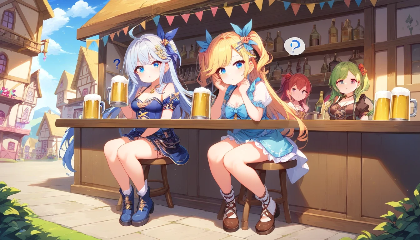 (2girls:1.3)), ((fantasy town:1.3)), ((rpg party:1.3)), ((full body:1.3)), ((confused face:1.3)), ((question mark:1.3)), ((beer bottle:1.3)), ((drinking:1.3)), ((moe style:1.3)), ((perfect face)), ((extremely cute:1.3)), ((masterpiece:1.3)), ((8k)), ((best quality:1.3)), ((beautiful)), ((extremely detailed:1.3)) , ((absurdres)), AddXL, ((score_9:1.3)), ((score_8_up:1.3)), ((score_7_up:1.3)), Expressiveh 