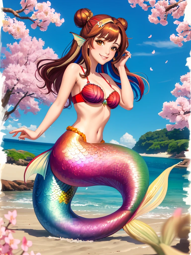 masterpiece, best quality:1.2), 1girl, smile, looking at viewer, brown hair in one bun with hair sticks, golden eyes, multicolored hair, mermaid, multicolored golden mermaid tail, laying on beach, fin ears, head fins, seashell bra, under cherry blossoms
