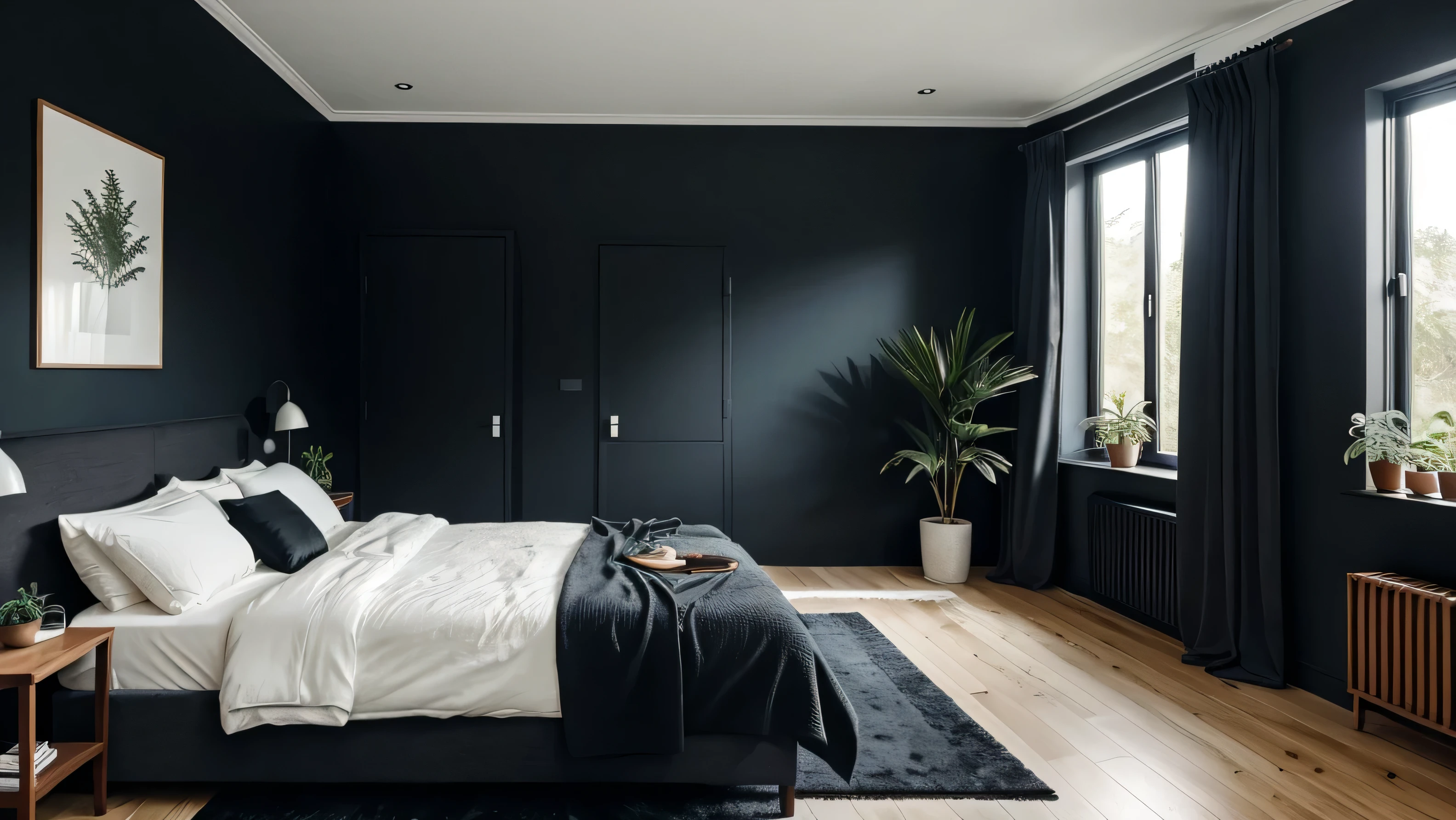 MINIMALIST BEDROOM WITH DARK HUES SOME PLANTS AT BACK IN LANDSCAPE MODE