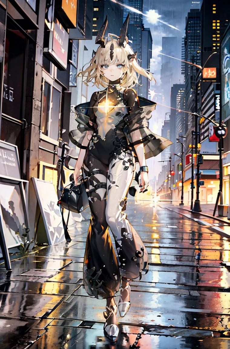 A masterpiece，flameshadow，laid back，shop，best quality, Illustration style，Large aperture portrait， Anime Girl, beautiful eyes, summer, Wide leg pants, small, Heartwarming, Youthful and beautiful,,Regular Clothes，Black and white,, showing a natural casual style. Dynamic posture contains the golden ratio, China, White space, Strong contrast between light and shadow, Super texture, Super clear and concise pictures, presenting extremely beautiful, Elegant temperament, subtle facial expressions, City background, rain, Road area water reflection，one person