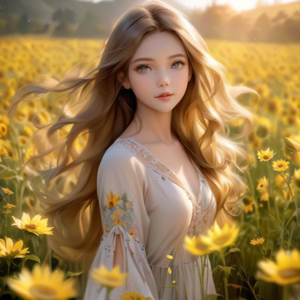 Long-haired woman standing in a field of yellow sunflowers, Fairy beautiful sunflower anime girl, Beautiful digital artwork, Beautiful digital art, Cute and detailed digital art, Cute digital art, beautiful amazing digital art, Realistic cute girl drawing, Gorgeous digital painting, Beautiful and realistic photos, Beautiful fantasy art portraits,