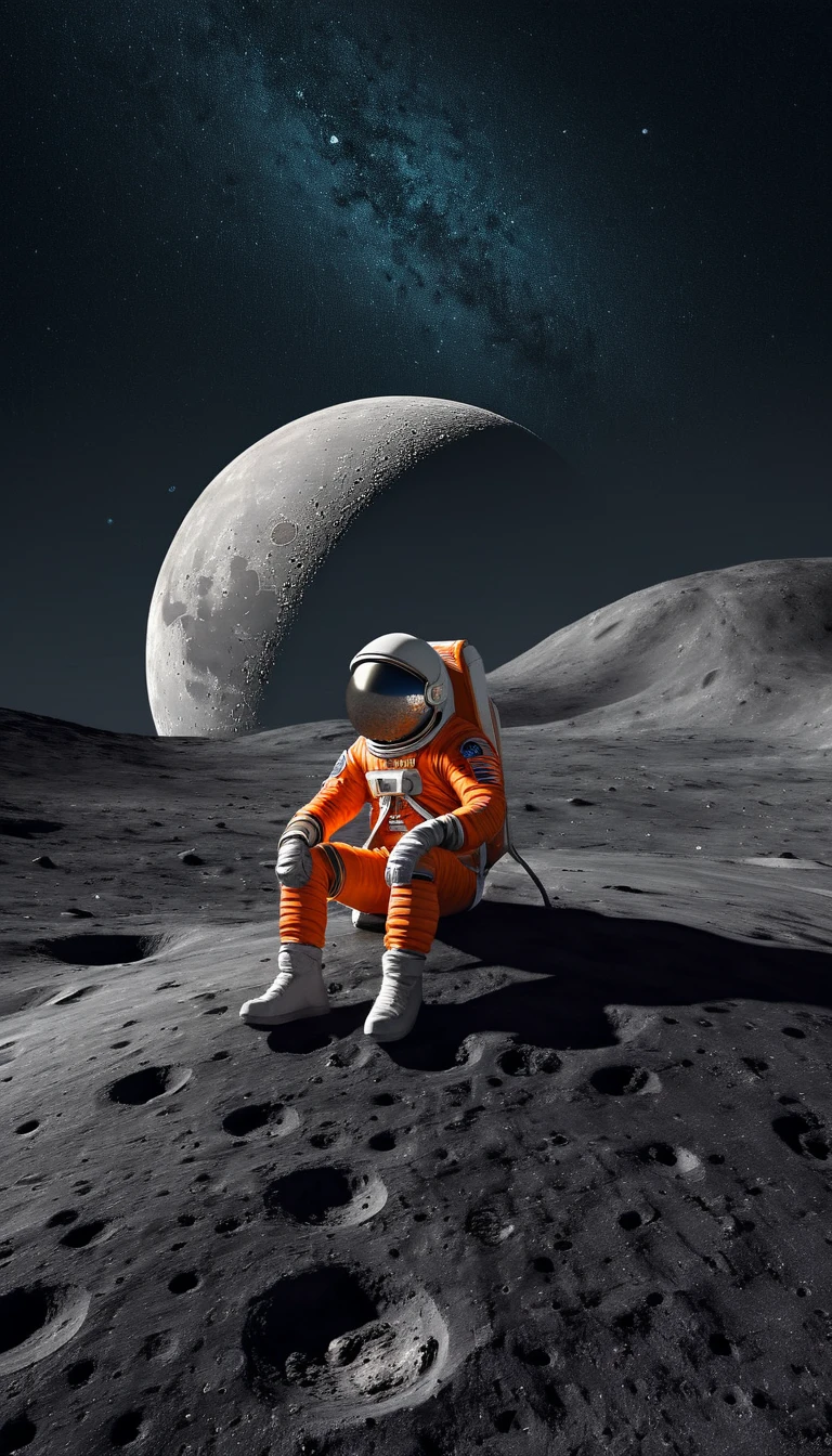A whimsical digital illustration of a cartoonish astronaut, delicately rendered in soft pastel hues, sitting on a tiny, cratered moon, lost in thought as they stare out into the vast, starry expanse of empty space, their bright orange spacesuit a pop of color against the muted, celestial backdrop, with subtle texture and gentle shading adding depth to the minimalist composition, evoking a sense of wonder and contemplation, as if pondering the mysteries of the cosmos, amidst the eerie silence of the lunar surface.