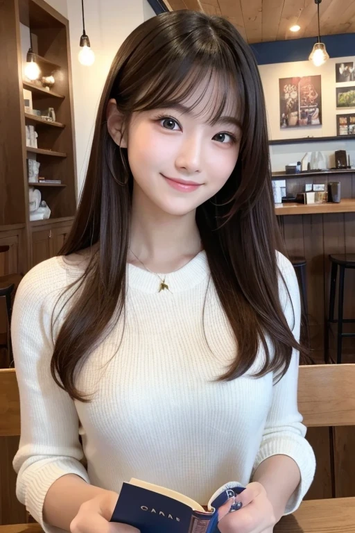 Produce the highest quality and highest resolution 8K images。Please draw the upper body of a 20 year old Japanese woman.。Please draw an image of someone reading a book in a stylish coffee shop.。She has brown eyes and a model-like figure、She has an idol-level cute face.。The hair is long。she、I'm smiling at the camera。