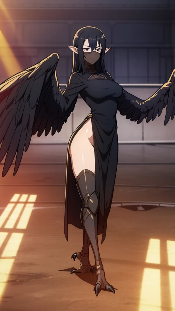 1woman,mature female,40s,sensual,black dress,black hair,pointy ears,harpy,wings,no arms,black mouth veil,((in a arena of battle,sunlight)),dancing