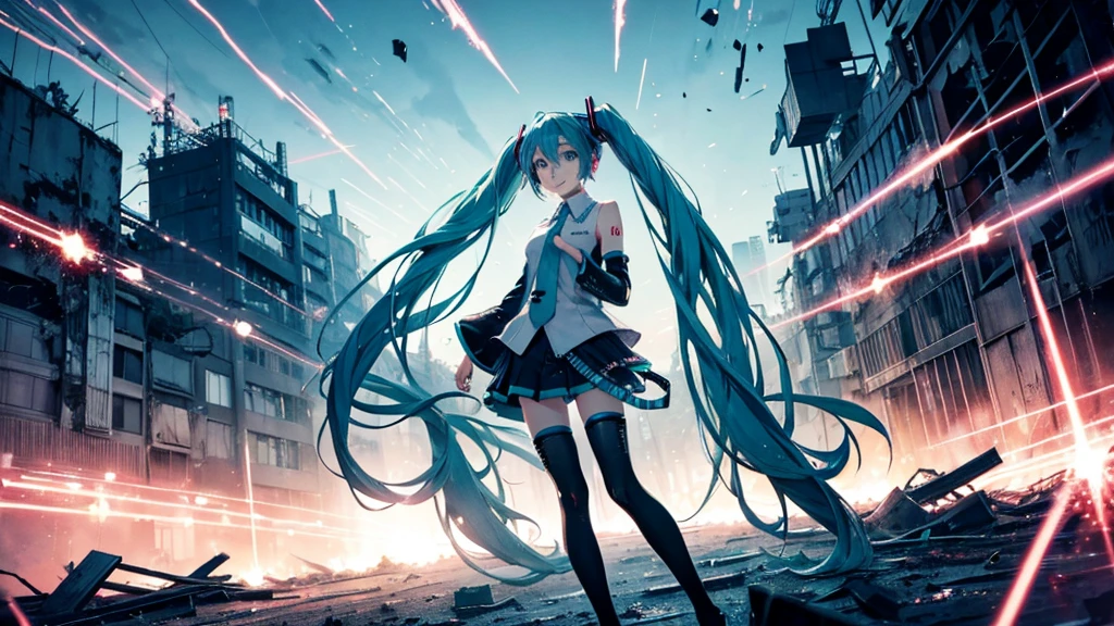 Hatsune Miku、With falling sparks on the background of a ruined city、Heavy metal style cover image。