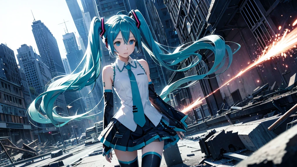 Hatsune Miku、With falling sparks on the background of a ruined city、Heavy metal style cover image。
