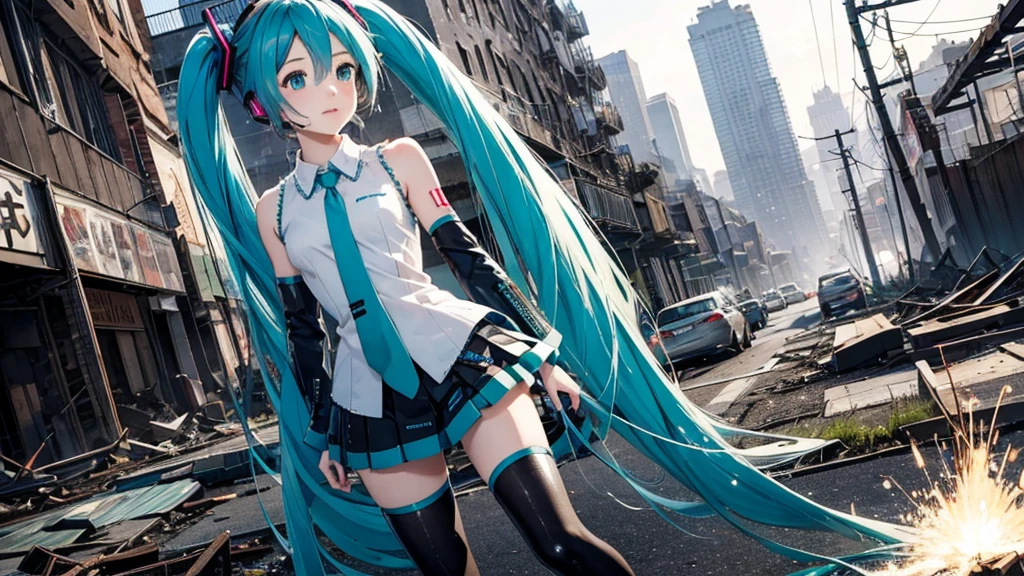 Hatsune Miku、With falling sparks on the background of a ruined city、Heavy metal style cover image。