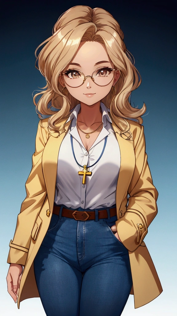 Create a character named Olivia, a 40-year-old aromatherapist specializing in essential oils, white. golden blonde with wavy hair. side hairstyle, at shoulder height, Brown eyes , wears round brown glasses, she is gentle and delicate, wears a light blue shirt, blue jeans with a brown belt and a white long-sleeved doctor&#39;s coat. she has a golden wedding ring on her left ring finger and wears a necklace with a golden crucifix. make her look at the camera, com fundo branco.
