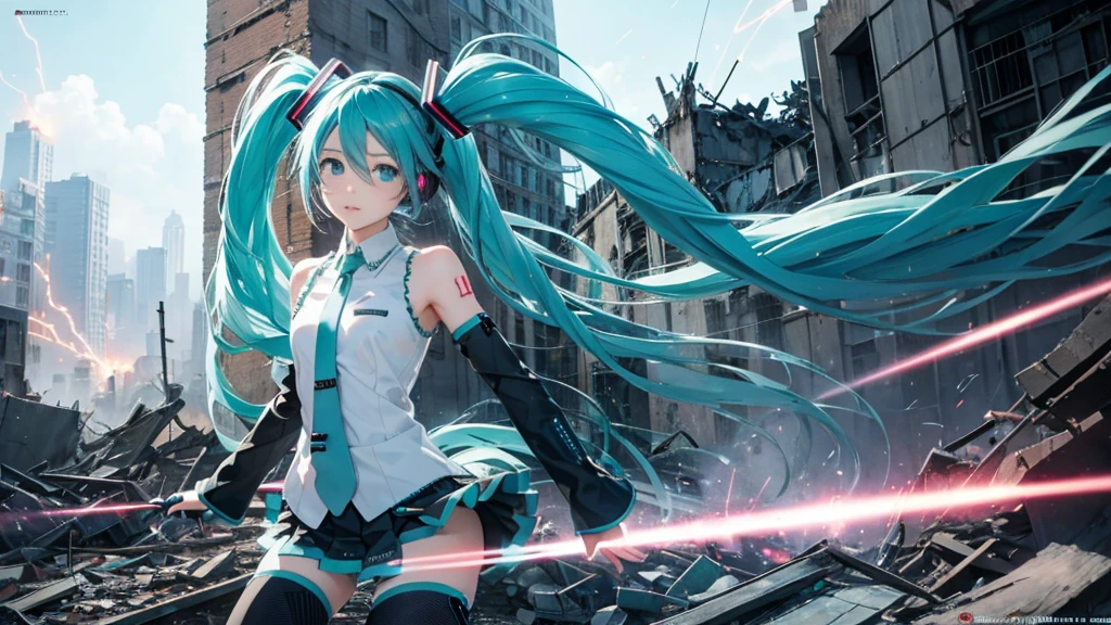Hatsune Miku、With falling sparks on the background of a ruined city、Heavy metal style cover image。