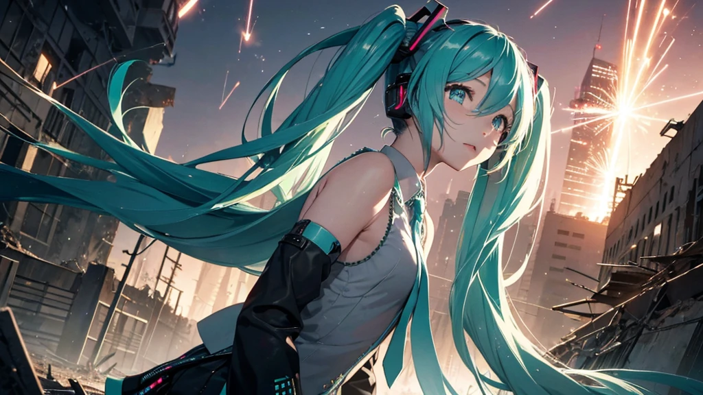 Hatsune Miku、With falling sparks on the background of a ruined city、Heavy metal style cover image。