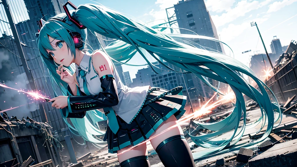 Hatsune Miku、With falling sparks on the background of a ruined city、Heavy metal style cover image。