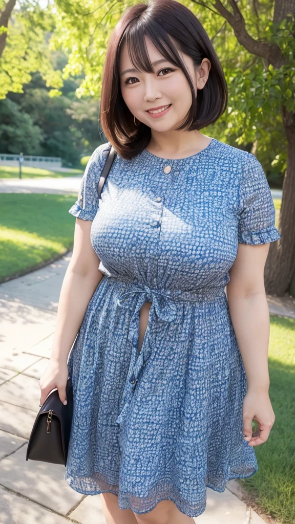 A beautiful and hot almost chubby mature woman.who is wearing a patterned short dress and is and standing in the park. A smiling face、sexy woman