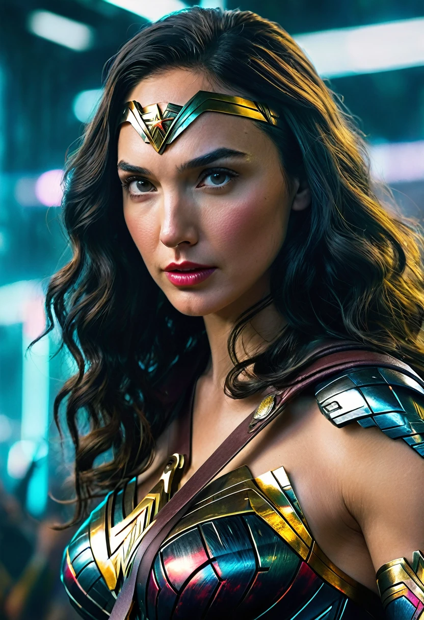 (((In extreme close-up, a cyber punk woman Gal Gadot under the mantle of the Amazon warrior, part of her shaved hair Diaema Wonder Woman Cyber Punk frontal images color images Splash Diaema Wonder Woman Wonder Woman Cyber Punk)))