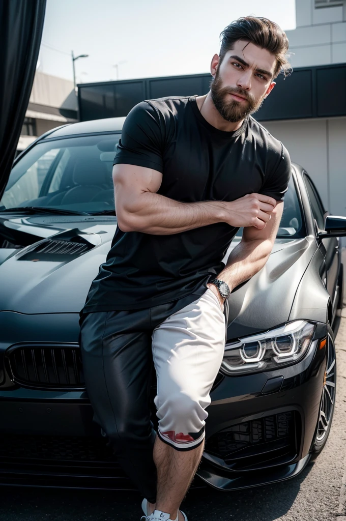 masterpiece, best quality, chiseled features, blonde, buzzed hair, hunky, Russian, shirtless, (sagging pants:1.1), bulge, sneakers, standing in front of a [bmw m3 : honda nsx 1990s], neon street, city, night city, after rain, bloom, raw, 4k, hdr, cinematic shot