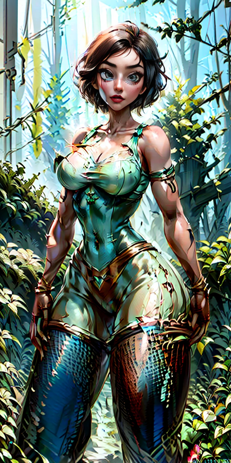 NSTreantWoW, brown skin, green eyes, glowing eyes, green hair, short hair, moss-covered wooden skin, rugged cyborg, wooden gears and joints, natural appearance, vines and leaves entwined around its body. blend technology and nature, background forest, solo, thick thighs, big ass, bouncy bubble booty, bubble ass, full body, fishnets, thick thighs, smug, huge breasts, cum on breasts, Bestface1, Bestbody1, cleavage, sagging breasts, exposed breasts, artgerm, realistic digital painting, Disney artstyle