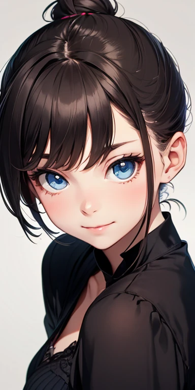 beautiful, Detailed portrait of a young girl with dark hair, Hair tied in a high ponytail or ballerina bun, No bangs, No hair on the forehead,With blue eyes and an innocent expression, she looks straight at the viewer., Cute Smile, Front view, close、From head to toe