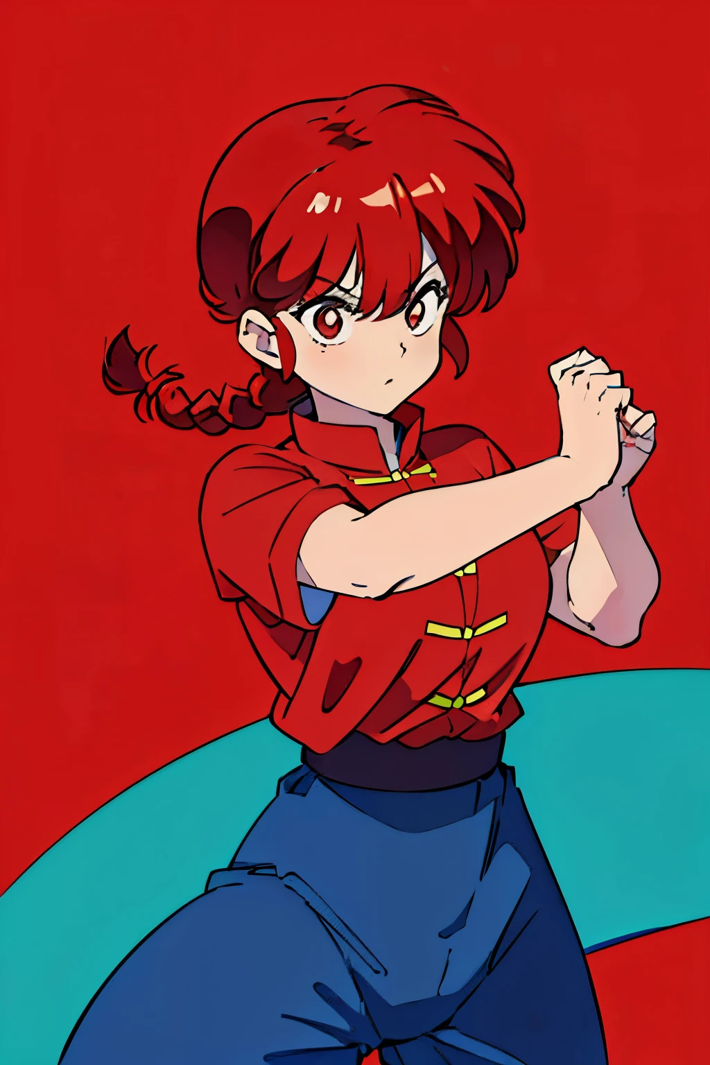 (8k, Foto RAW, La mejor calidad, Obra maestra:1.2), Ranma Chan, Ranma Red Shirt, red hair, braided belt, blue pants, martial art, (((red dragon background)))