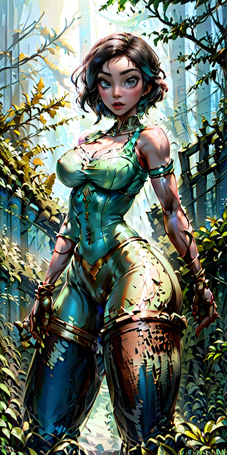 NSTreantWoW, brown skin, green eyes, glowing eyes, green hair, short hair, moss-covered wooden skin, rugged cyborg, wooden gears and joints, natural appearance, vines and leaves entwined around its body. blend technology and nature, background forest, solo, thick thighs, big ass, bouncy bubble booty, bubble ass, full body, fishnets, thick thighs, smug, huge breasts, cum on breasts, Bestface1, Bestbody1, cleavage, sagging breasts, exposed breasts, artgerm, realistic digital painting, Disney artstyle