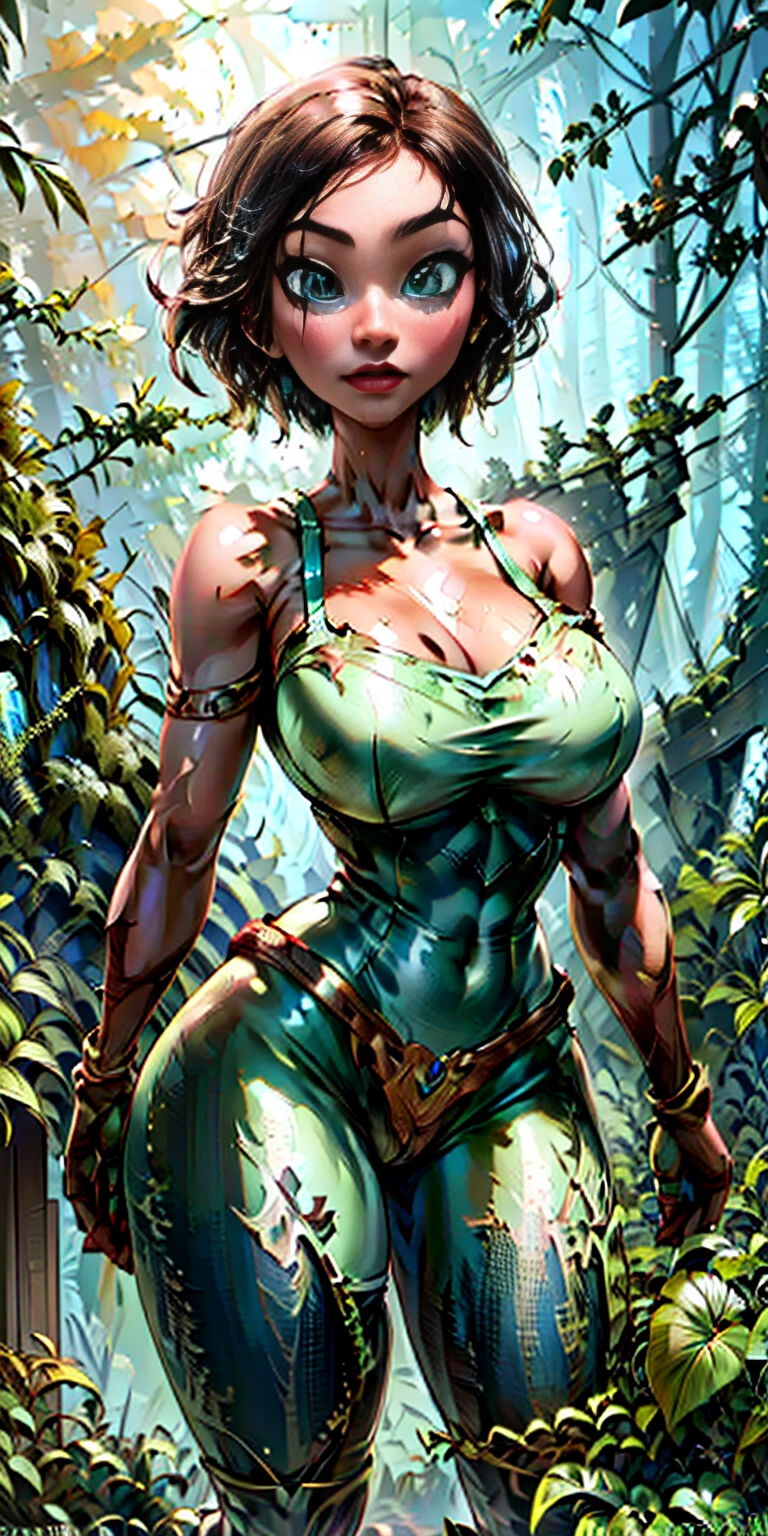 NSTreantWoW, brown skin, green eyes, glowing eyes, green hair, short hair, moss-covered wooden skin, rugged cyborg, wooden gears and joints, natural appearance, vines and leaves entwined around its body. blend technology and nature, background forest, solo, thick thighs, big ass, bouncy bubble booty, bubble ass, full body, fishnets, thick thighs, smug, huge breasts, cum on breasts, Bestface1, Bestbody1, cleavage, sagging breasts, exposed breasts, artgerm, realistic digital painting, Disney artstyle