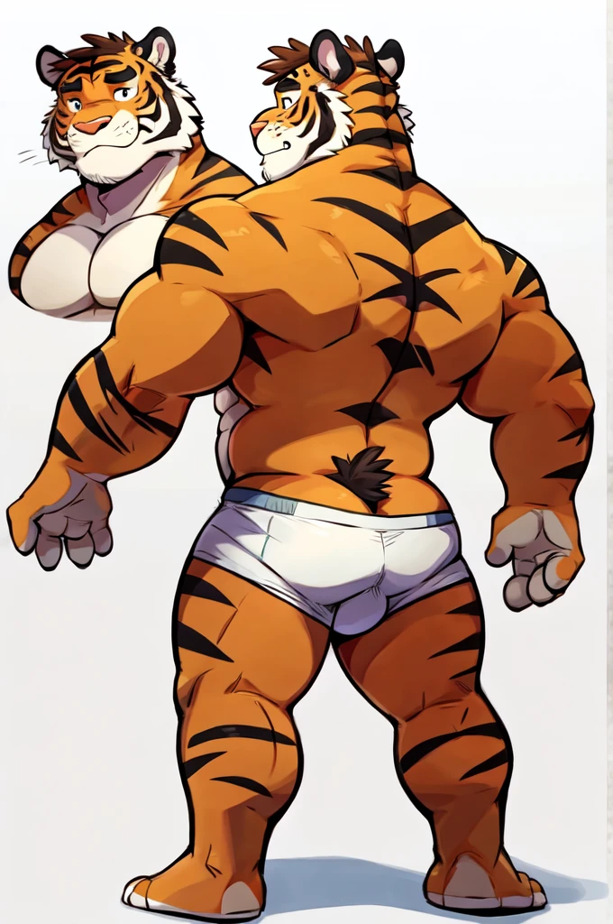 Tiger, By Haps, 1boy, abs, animal ears, bara, bulge, full body, white background, Seminude, Boxers, Character sheet Reference, Full body, backwards