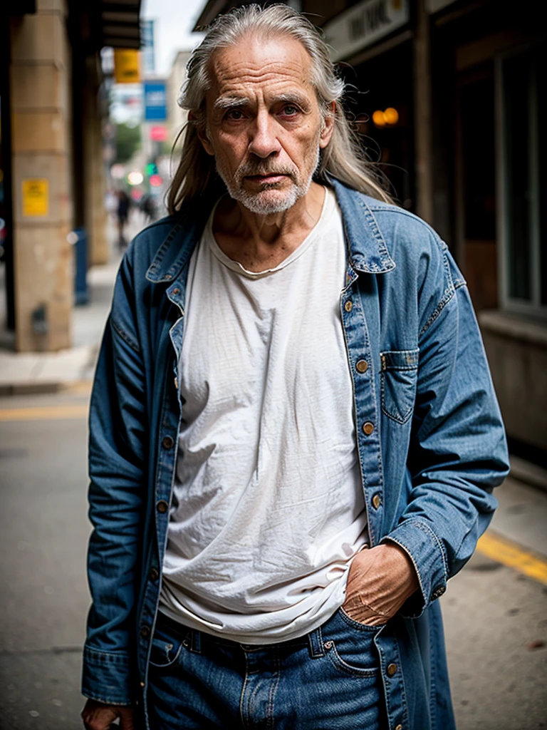 Very thin old man, long gray hair, ragged clothes, begging on the street, America, fallen state, gloomy lighting